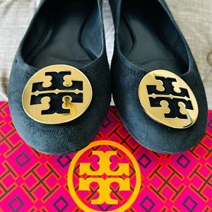 Tory Burch Reva Ballet Flat in Blue Suede with Gold Double T medallion logo